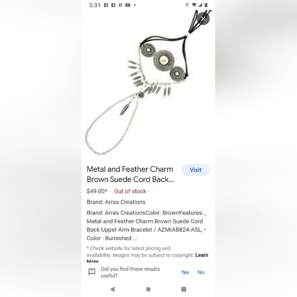 Arras Creations back upper arm bracelet with feathers and brown suede. (sku120). - Picture 5 of 5